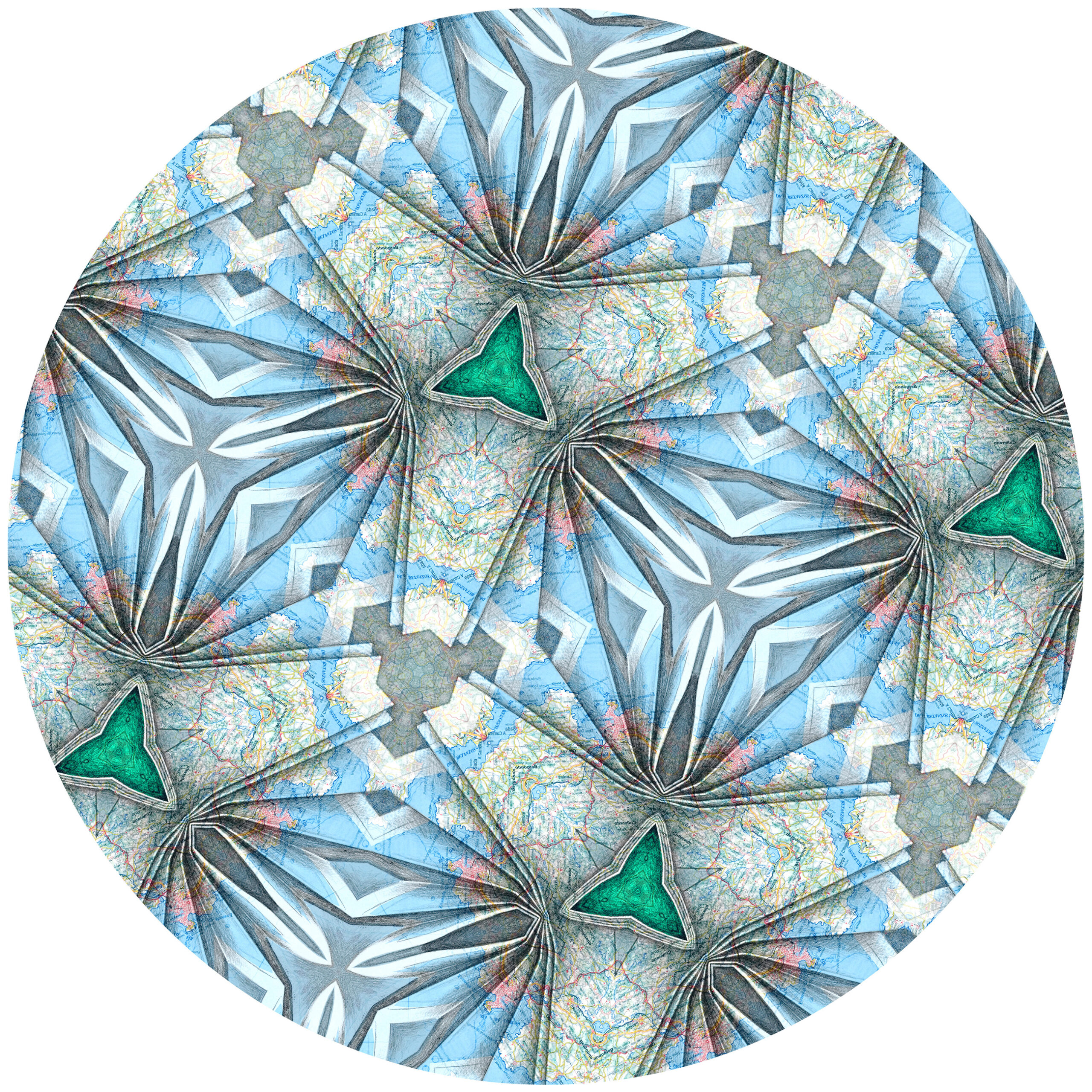 1 Kaleidoscopia Golfo Ártabro. Infografía a partir de litografía sobre mapa. Impresión digital sobre Dibond. D 140 cm