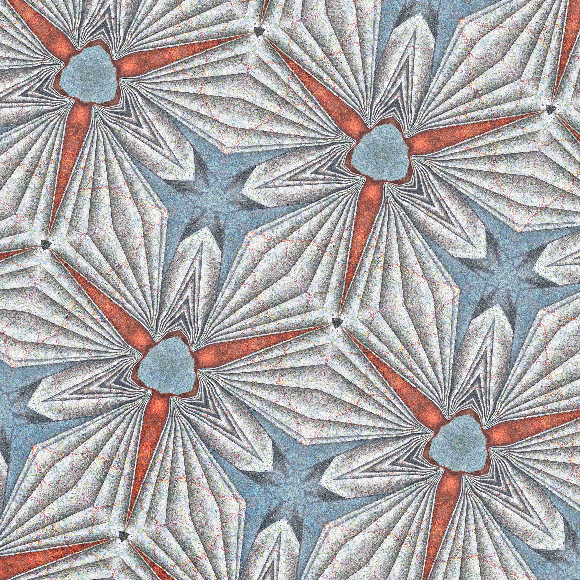 1 Kaleidoscopia Sur de Francia. 2012. Infografía a partir de litografía y dibujo sobre mapa. Impresión inkjet. Papel 110 x 110 cm