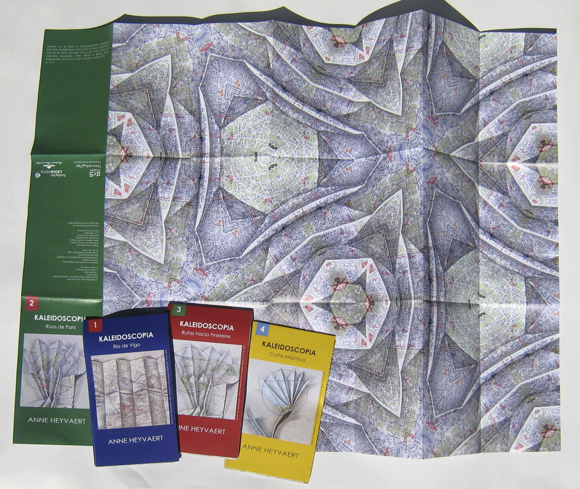 15 Mapas Kaleidoscopia 1. 2. 3. 4. 2010. Impresión offset. Infografía a partir de litografía sobre mapa. Cerrado 11.5 x 20 cm. Abierto 81.6 x 61.5 cm