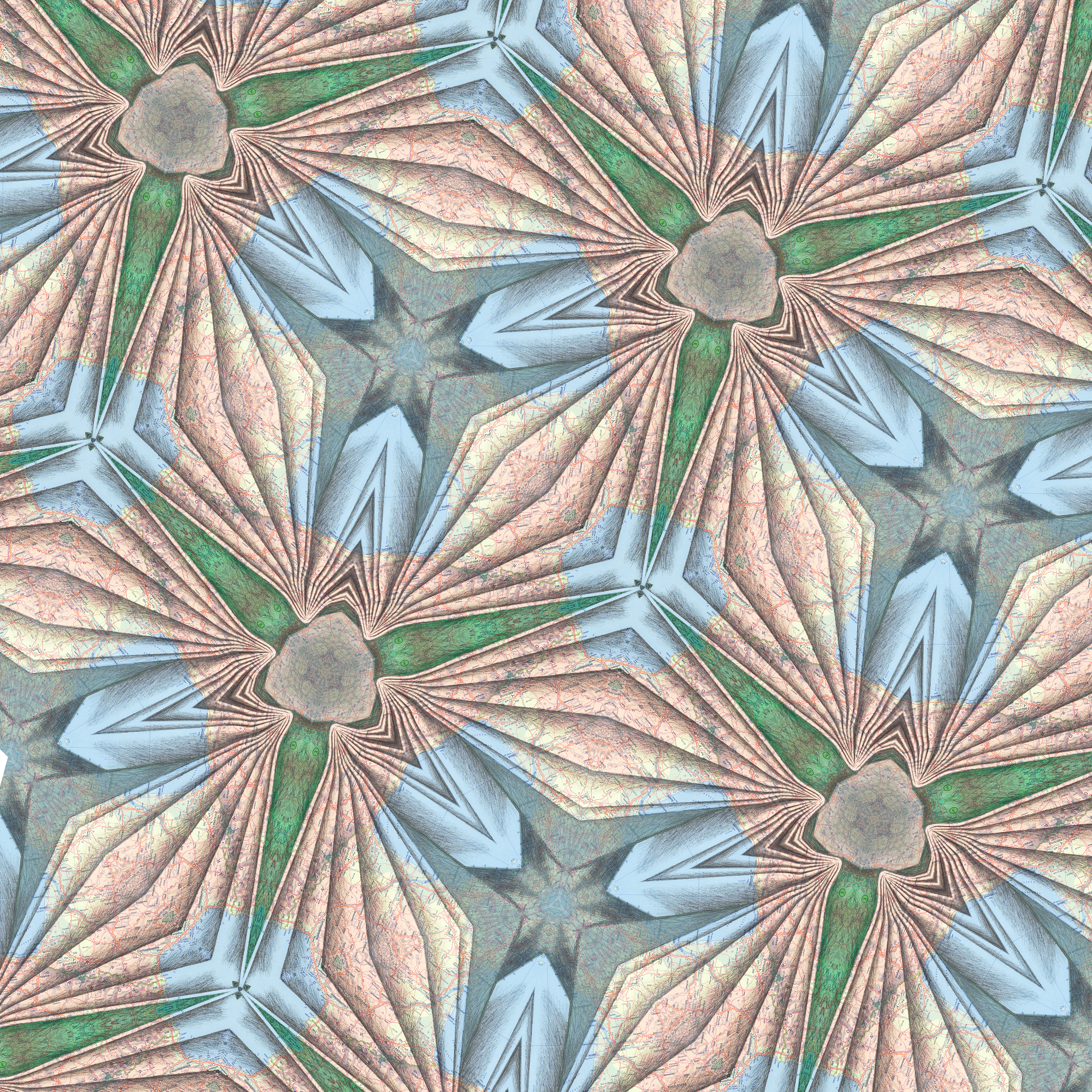 2 Kaleidoscopia Francia-España. 2012. Infografía a partir de litografía y dibujo sobre mapa. Impresión inkjet. Papel 110 x 110 cm