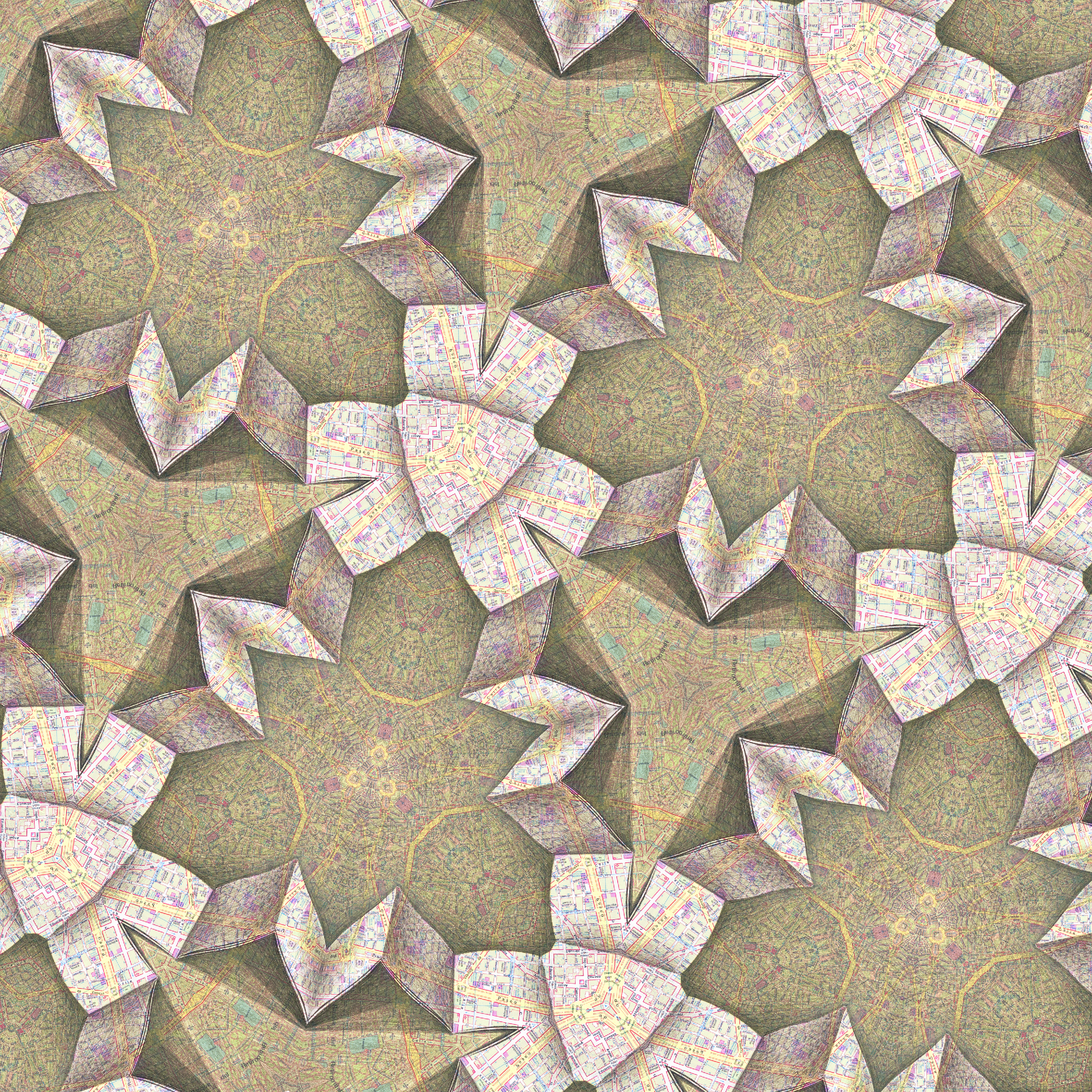 3 Kaleidoscopia Madrid desplegado. 2012. Infografía a partir de litografía y dibujo sobre mapa. Impresión inkjet. Papel 110 x 110 cm