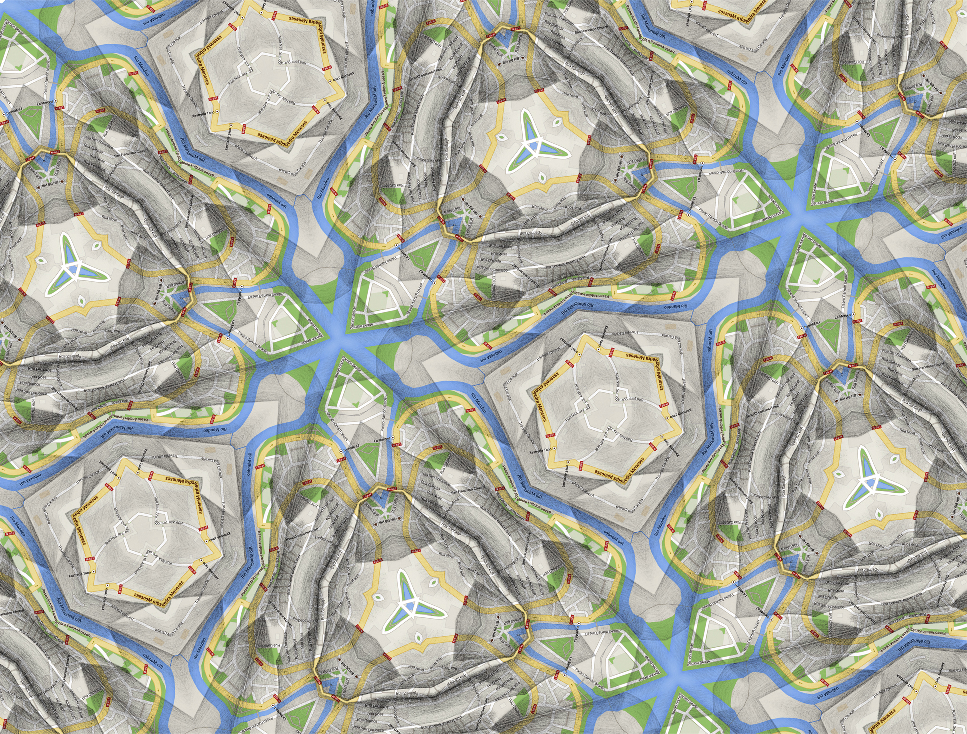 4 Kaleidoscopia Betanzos. 2016. Infografía a partir de litografía y dibujo sobre mapa. Impresión inkjet. Papel 87 x 114 cm