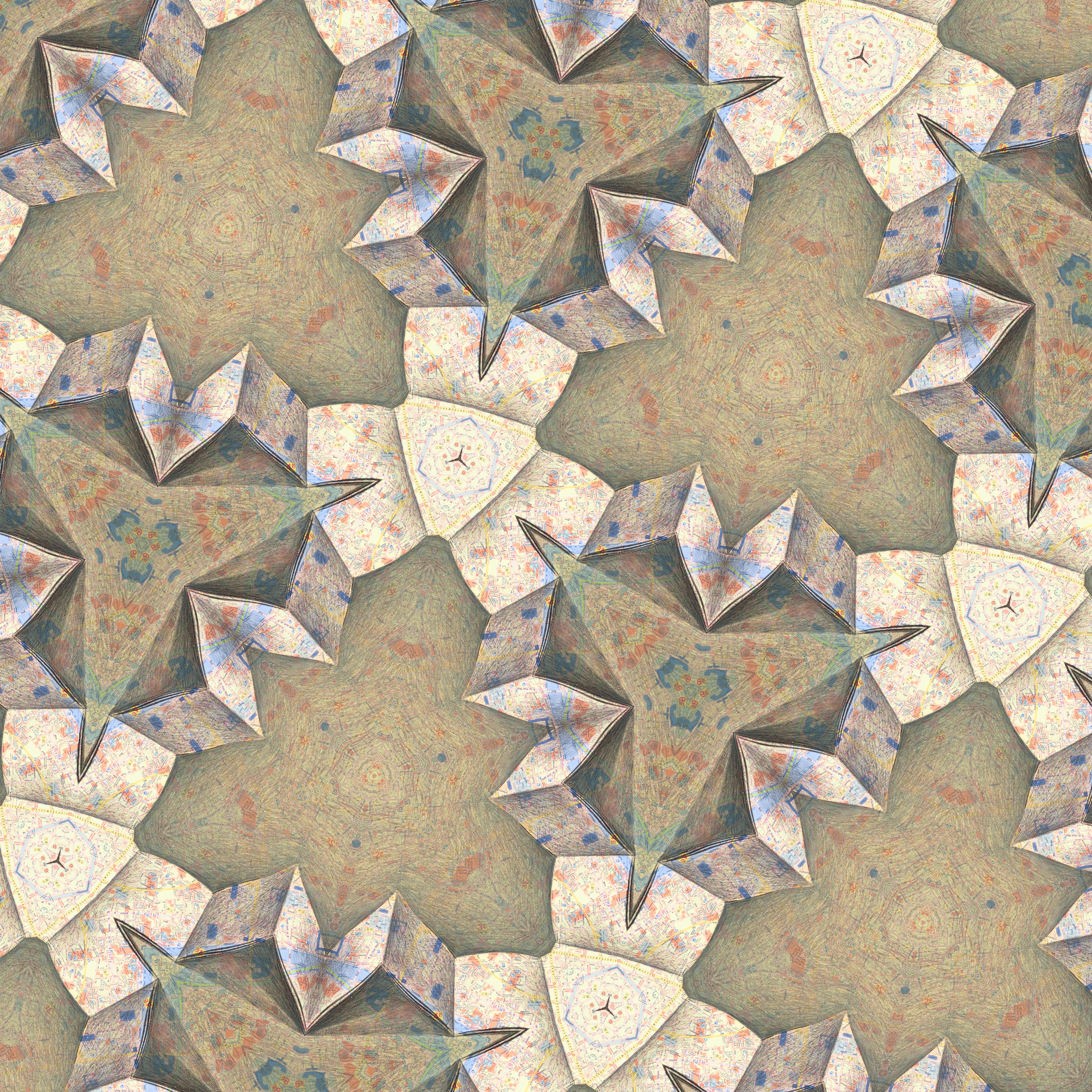 4 Kaleidoscopia Paris desplegado. 2012. Infografía a partir de litografía y dibujo sobre mapa. Impresión inkjet. Papel 110 x 110 cm