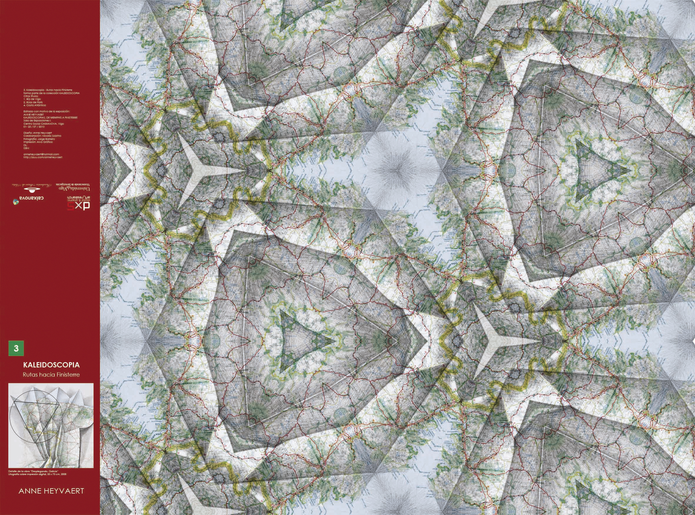 5 Kaleidoscopia 3. Rutas hacia Finisterre. 2010. Impresión offset. Infografía a partir de litografía sobre mapa. Cerrado 11.5 x 20 cm. Abierto 81.6 x 61.5 cm