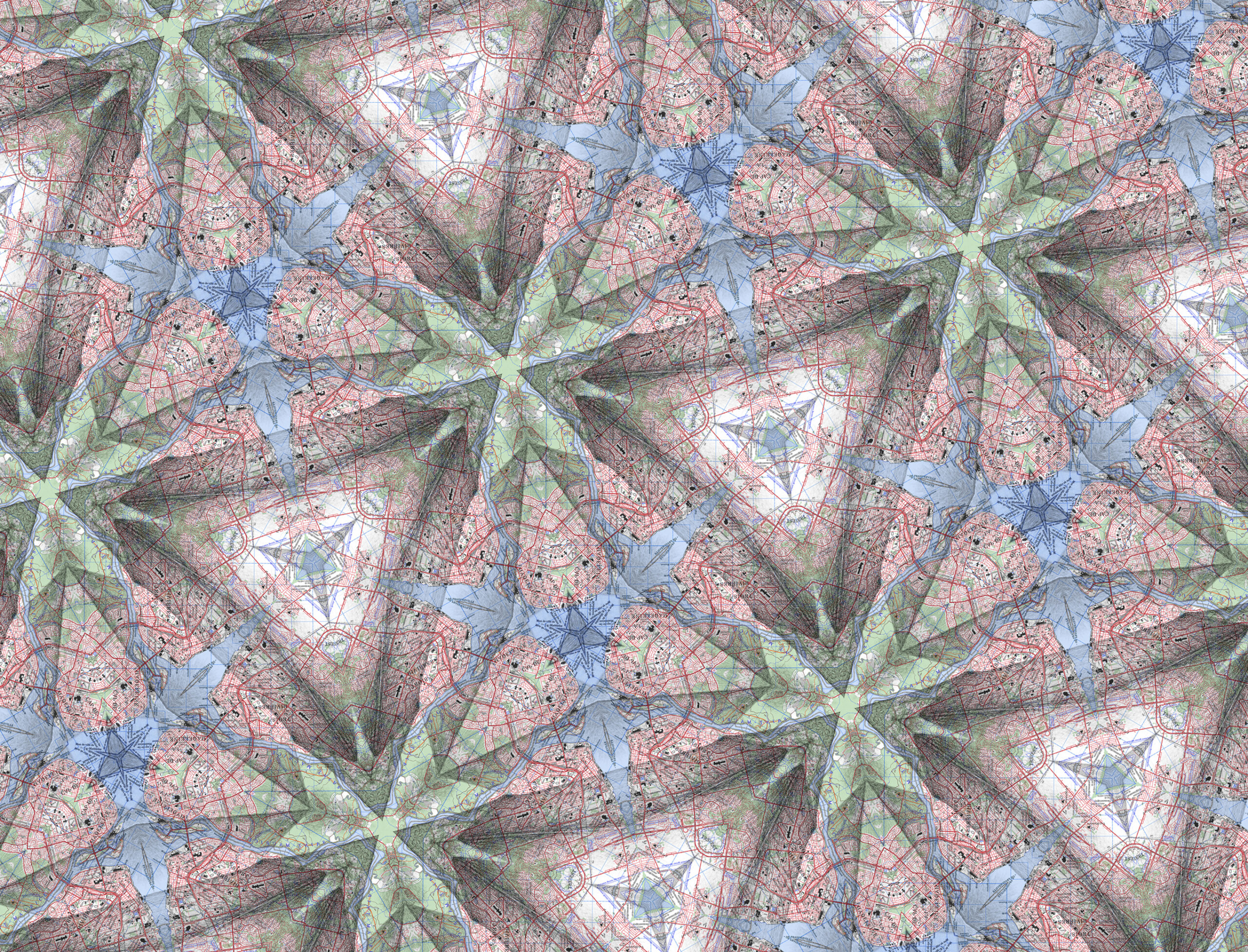 5 Kaleidoscopia Trois-Rivières Canadá. 2014. Infografía a partir de litografía, dibujo y mapa digital. Impresión inkjet sobre papel. 88 x 116 cm