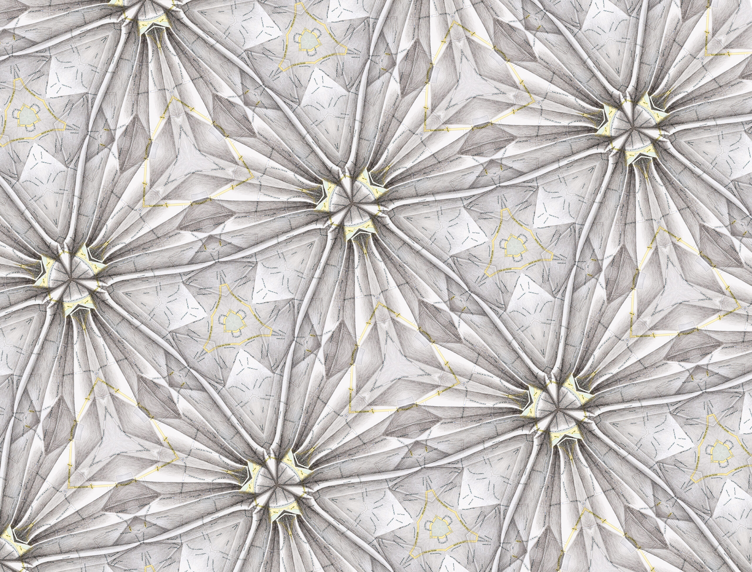 7 Kaleidoscopia Campus Stellae. 2014. Infografía a partir de litografía y dibujo sobre mapa. Impresión inkjet. Papel 88 x 116 cm