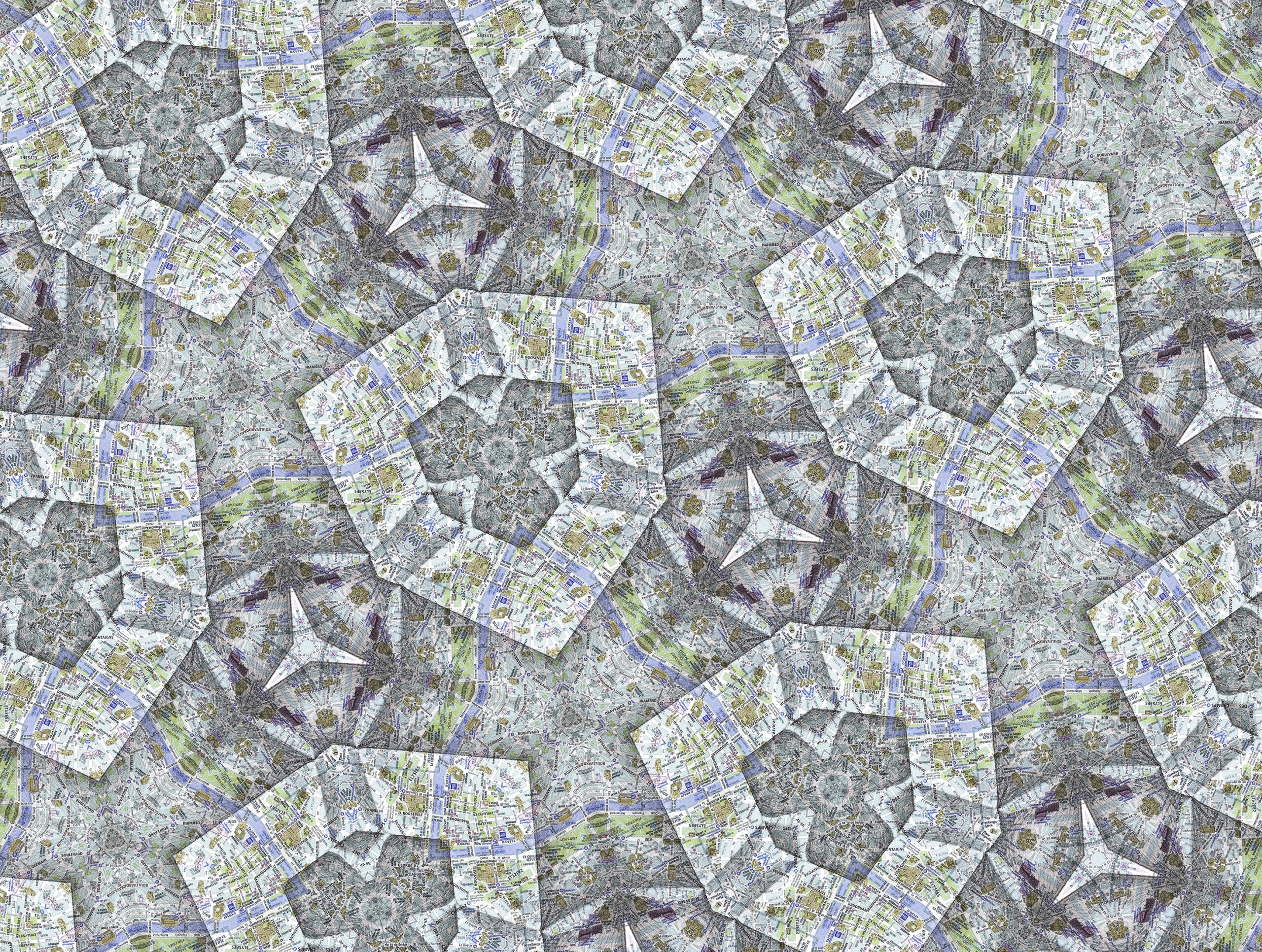 8 Kaleidoscopia Paris. 2012. Infografía a partir de litografía y dibujo sobre mapa. Impresión inkjet. Papel 88 x 116 cm