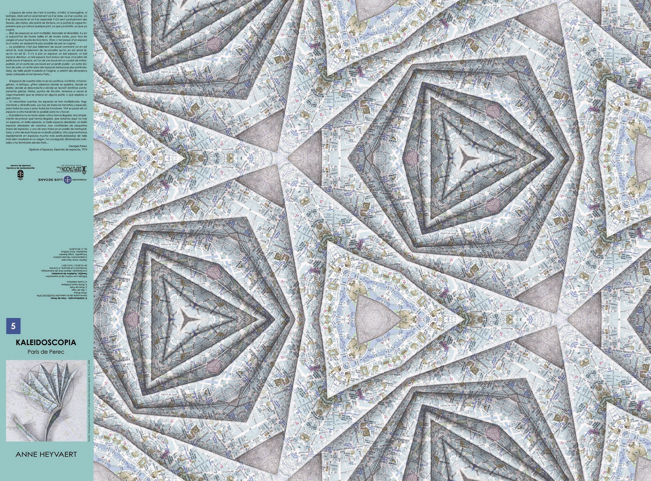 9 Kaleidoscopia 5. Paris de Perec. 2010. Impresión offset. Infografía a partir de litografía sobre mapa. Cerrado 11.5 x 20 cm. Abierto 81.6 x 61.5 cm