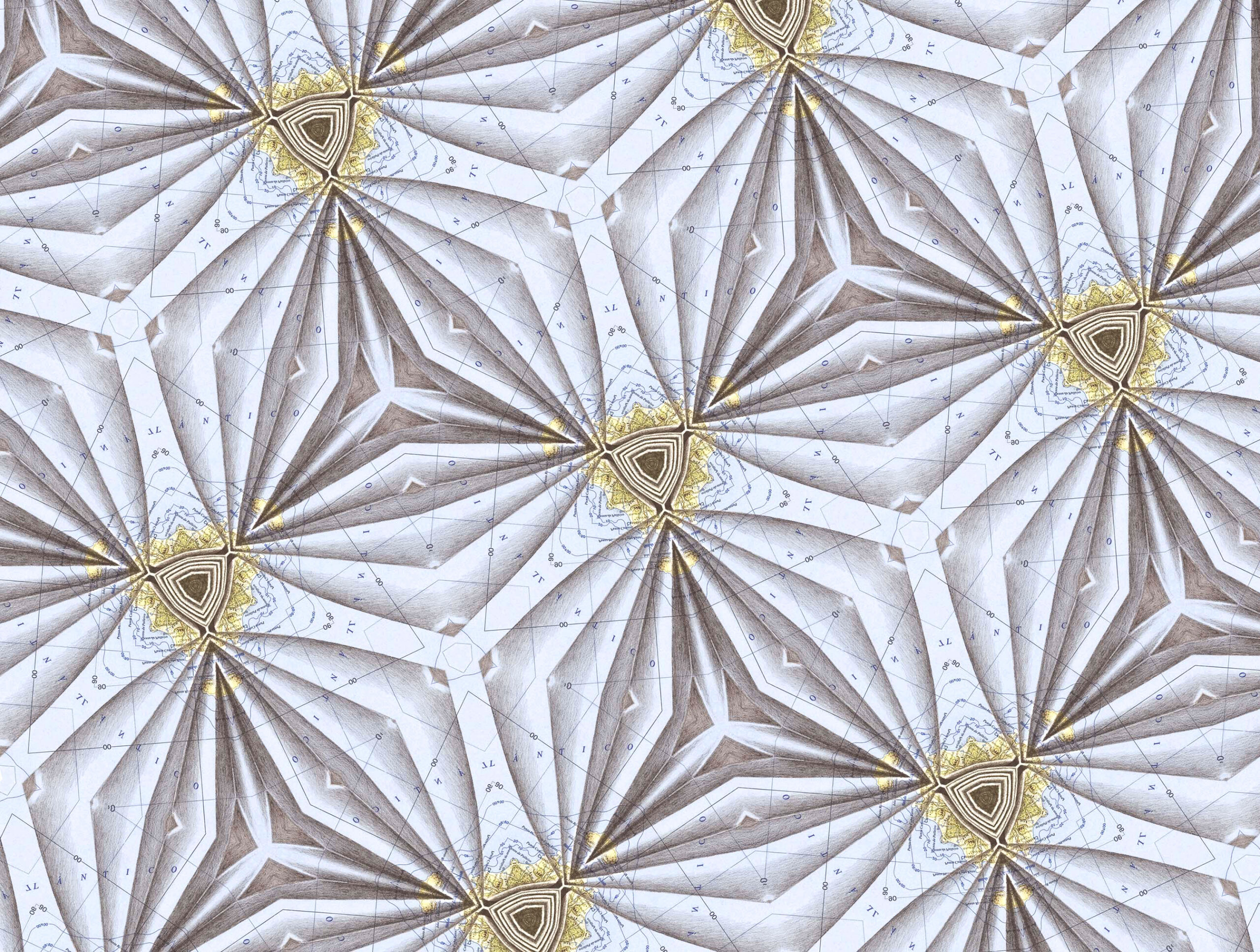 9 Kaleidoscopia Atlántico. 2010. Infografía a partir de litografía y dibujo sobre mapa. Impresión inkjet. Papel 87 x 114 cm